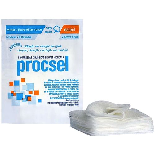 Compressa Cirúrgica de Gaze Hidrófila Estéril Procsel - 7,5x7,5cm - Com 10 gazes Compressa Cirúrgica de Gaze Hidrófila Estéril Procsel - 7,5x7,5cm - Com 10 gazes