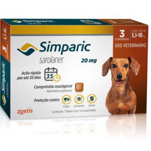 Simparic Antipulgas Cães de  5,1 a 10Kg - 20mg - cx com 3 compr Sim