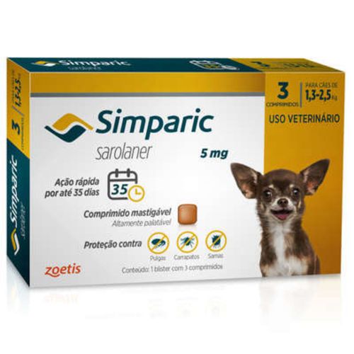 Simparic Antipulgas Cães de 1,3 a 2,5Kg - 5mg - cx com 3 compr Sim Simparic Antipulgas Cães de 1,3 a 2,5Kg - 5mg - cx com 3 compr Sim