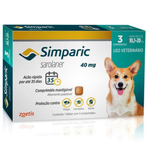 Simparic Antipulgas Cães de 10,1 a 20Kg - 40mg - cx com 3 compr Sim Simparic Antipulgas Cães de 10,1 a 20Kg - 40mg - cx com 3 compr Sim