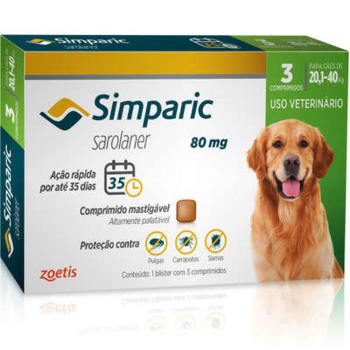 Simparic Antipulgas Cães de 20,1 a 40Kg - 80mg - cx com 3 compr Sim