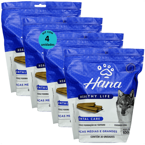 SNACK HANA LIFE DENTAL CARE CÃES ADULTOS RAÇAS MÉDIAS E GRANDES 650G KIT COM 4