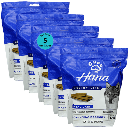 SNACK HANA LIFE DENTAL CARE CÃES ADULTOS RAÇAS MÉDIAS E GRANDES 650G KIT COM 5