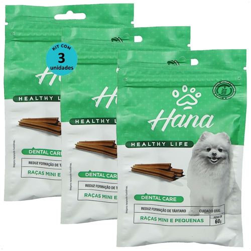 SNACK HANA LIFE DENTAL CARE CÃES ADULTOS RAÇAS MINI E PEQUENAS 60G KIT COM 3