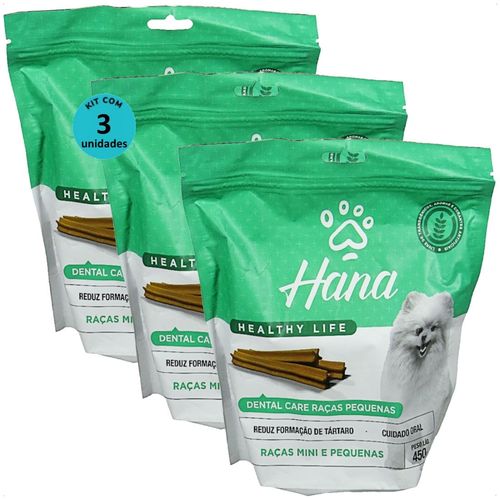SNACK HANA LIFE DENTAL CARE CÃES ADULTOS RAÇAS MINI E PEQUENAS 450G KIT COM 3