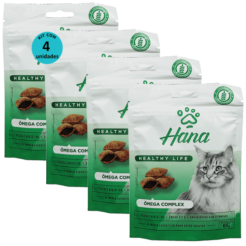 SNACK HANA HEALTHY LIFE ÔMEGA COMPLEX PARA GATOS ADULTOS 60G KIT COM 4 SNACK HANA HEALTHY LIFE ÔMEGA COMPLEX PARA GATOS ADULTOS 60G KIT COM 4
