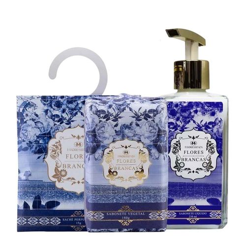 Kit Sabonete Vegetal + Sachê Perfumado + Sabonete Líquido Flores Brancas Madressenza 250Ml