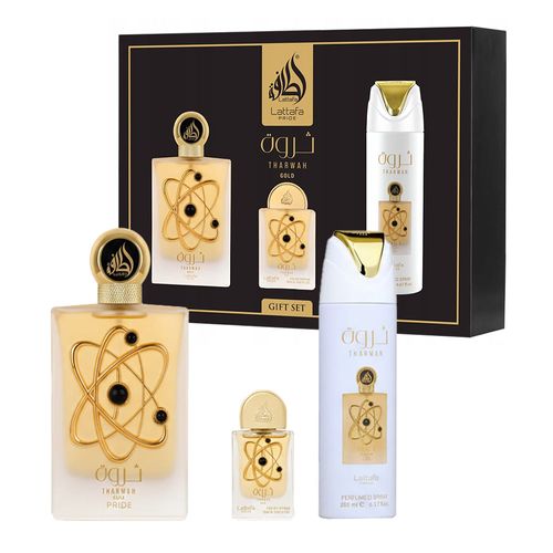 Kit Lattafa Tharwan Gold Edp 100ml + 20ml + Deso 200ml NULO