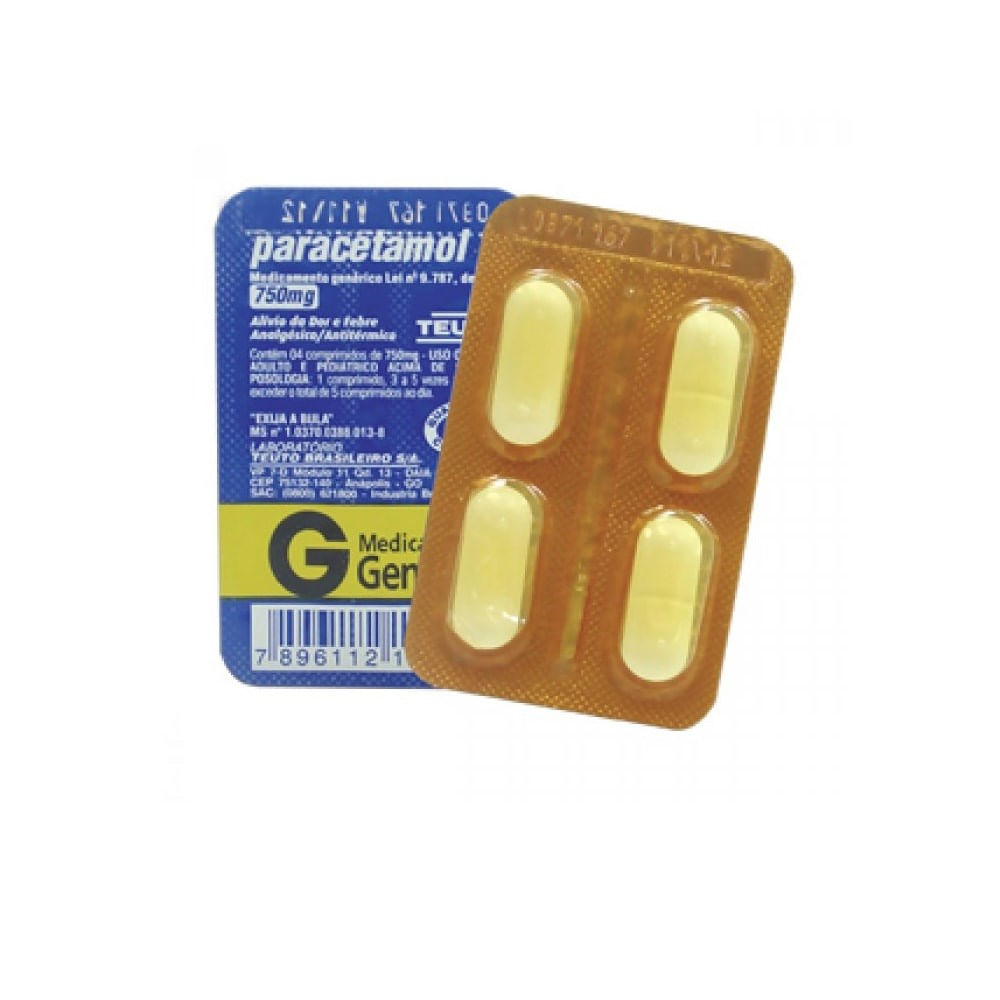 Paracetamol Blister 750mg Genérico Teuto 4 Comprimidos - Drogarias Pacheco