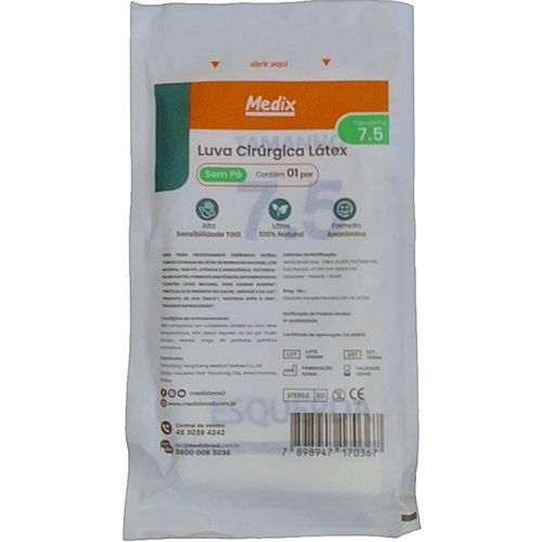 Luva Cirúrgica de Látex Medix - Sem Pó - 7.5 - Par