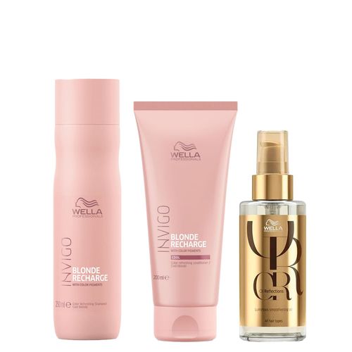 Kit Wella Invigo Cool Blonde Recharge- Shampoo 250ml + Condicionador 200ml + Óleo 100ml Kit