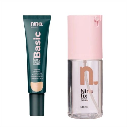Kit Nina Makeup Base Líquida Basic Cor1+Bruma Fixadora Fix