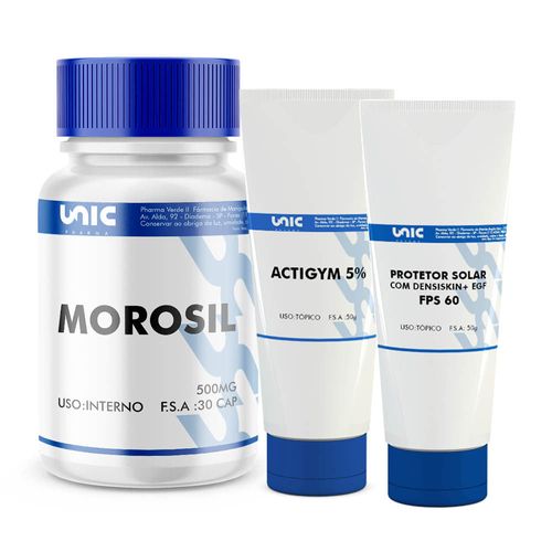 Morosil 500mg + Actigym 5% 50g + Protetor Solar FPS 60 com Densiskin 5% + EGF 1% - 30 caps Morosil 500mg + Actigym 5% 50g + Protetor Solar FPS 60 com Densiskin 5% + EGF 1% - 30 caps