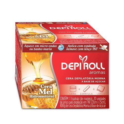 Cera-para-Depilacao-Depi-Roll-Mel-Hidrossoluvel-400g---Espatula---Lencos-TNT Cera-para-Depilacao-Depi-Roll-Mel-Hidrossoluvel-400g---Espatula---Lencos-TNT