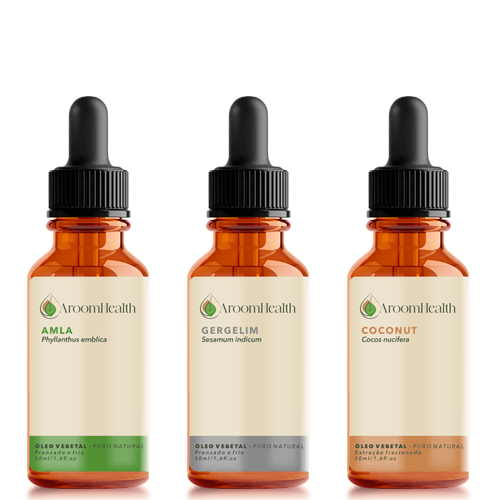 Kit de Óleos Vegetais Puro Natural – Amla, Gergelim e Coconut – 30 ml cada Kit de Óleos Vegetais Puro Natural – Amla, Gergelim e Coconut – 30 ml cada