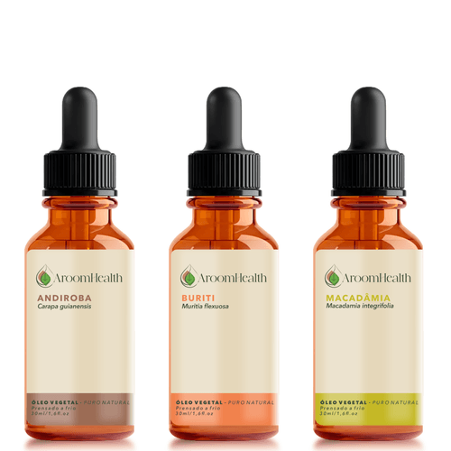 Kit de Óleos Vegetais Puro Natural – Andiroba, Macadâmia e Buriti – 30 ml cada