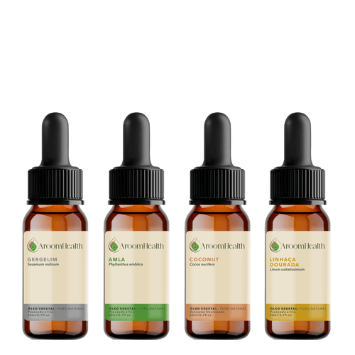 Kit de óleos vegetais puro natural – Gergelim, Amla, Coconut e Linhaça Dourada – 20 ml cada