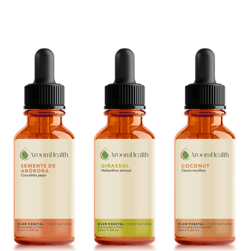 Kit de óleos vegetais puro natural – Coconut, Girassol e Semente de Abóbora – 30 ml cada