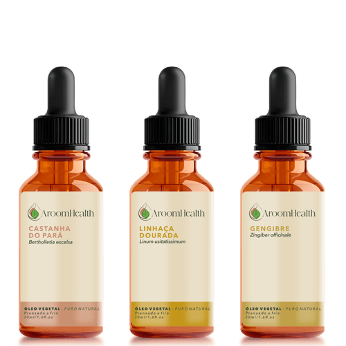 Kit de óleos vegetais puro natural – Castanha do Pará, Linhaça Dourada e Gengibre – 30 ml cada Kit de óleos vegetais puro natural – Castanha do Pará, Linhaça Dourada e Gengibre – 30 ml cada