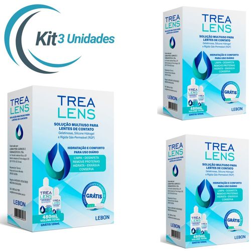 Kit 3 Trea Lens Solução para Lentes de Contato 480mL com Estojo