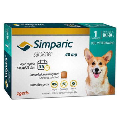 Simparic Antipulga Cães de 10,1 a 20Kg - 40mg - cx com 1 comp Sim