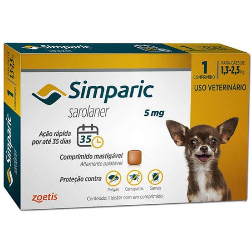Simparic Antipulga Cães de  1,3 a 2,5Kg  - 5mg cx com 1 comp Sim