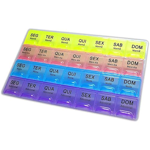 Porta Comprimidos 4x7 Semanal Colorido com Separação de Períodos