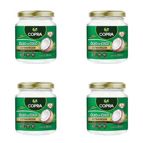 Kit c/4 Unidades de Óleo de Coco Extravirgem Copra Vidro 200ml