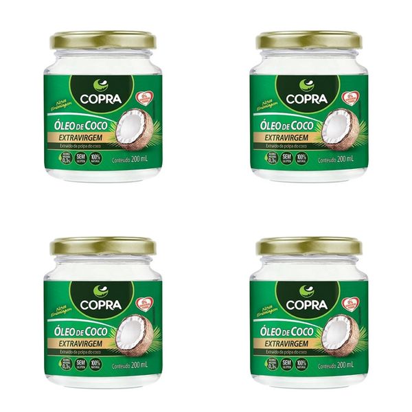 Kit c/4 Unidades de Óleo de Coco Extravirgem Copra Vidro 200ml