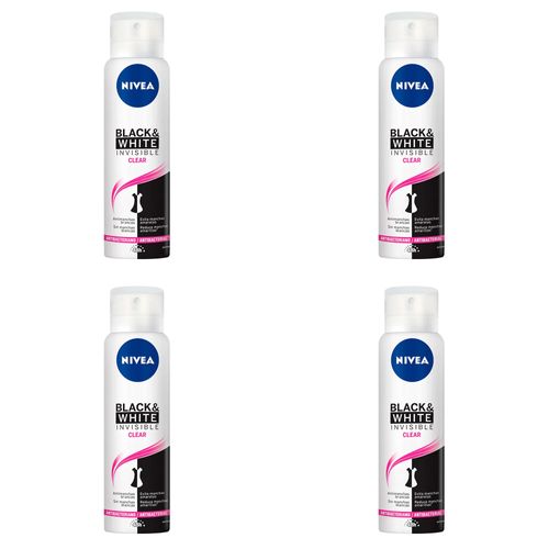 Kit c/4 Unidades de Desodorante Feminino Nivea Invisible For Black & White Clear Aerosol 150ml Kit c/4 Unidades de Desodorante Feminino Nivea Invisible For Black & White Clear Aerosol 150ml