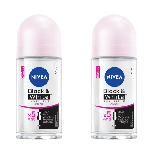Kit com 2 Unidades de Desodorante Antitranspirante Roll On NIVEA Invisible Black & White Clear 50ml Kit com 2 Unidades de Desodorante Antitranspirante Roll On NIVEA Invisible Black & White Clear 50ml