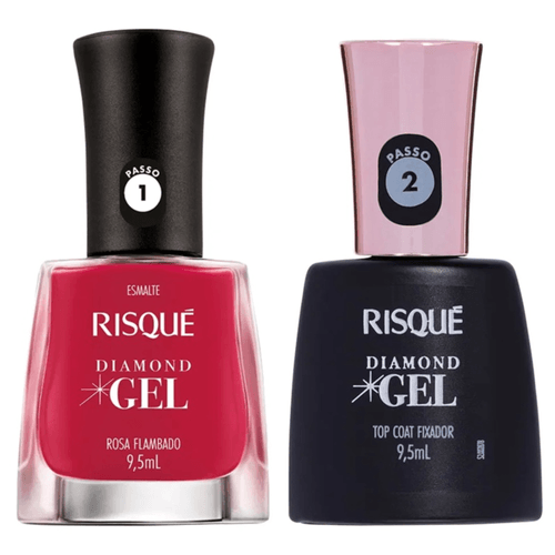 Kit Esmalte Risque Diamond Gel Rosa Flambado + Fixador Top Coat