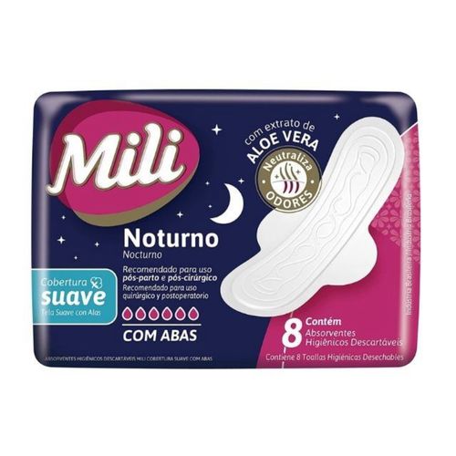Kit c/9 Absorvente Mili Noturno Suave Com Abas 8 Unidades Kit c/9 Absorvente Mili Noturno Suave Com Abas 8 Unidades