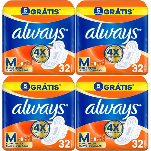 Kit c/4 Absorventes Always Pink Suave Com Aba 32 Unidades cada