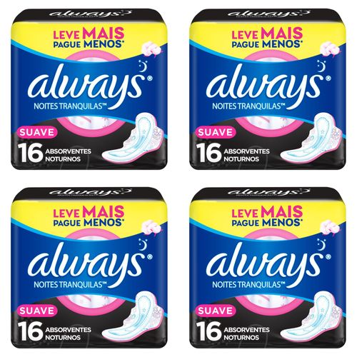 Kit c/4 Absorventes Cobertura Suave Noturno Com Abas Always Simples 16 Unidades cada Kit c/4 Absorventes Cobertura Suave Noturno Com Abas Always Simples 16 Unidades cada