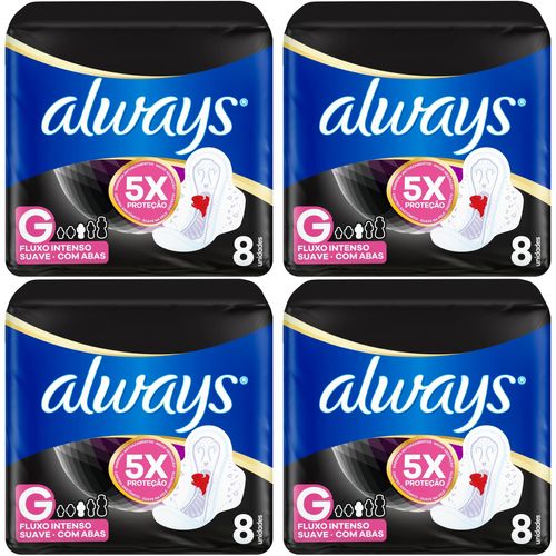 Kit c/4 Absorventes Cobertura Suave Noturno Com Abas Always Simples 8 Unidades
