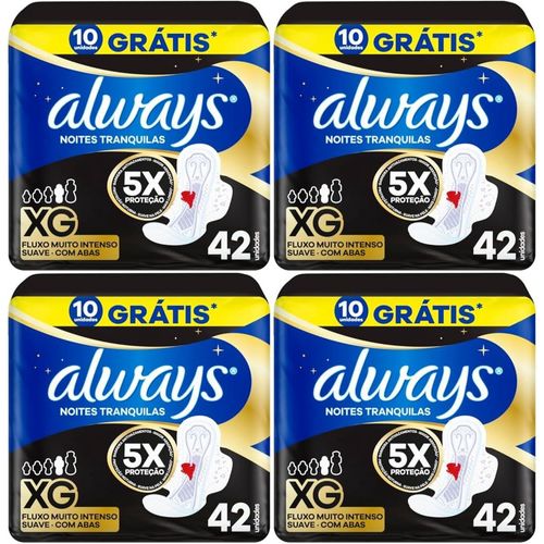 Kit c/4 Absorvente Com Abas Suave Always Noites Tranquilas Xg Pacote 42 Unidades Kit c/4 Absorvente Com Abas Suave Always Noites Tranquilas Xg Pacote 42 Unidades