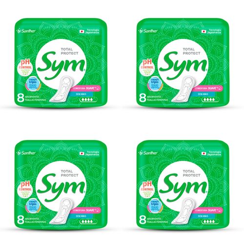 Kit c/4 Absorventes Sym Suave Sem Abas c/8 Unidades cada