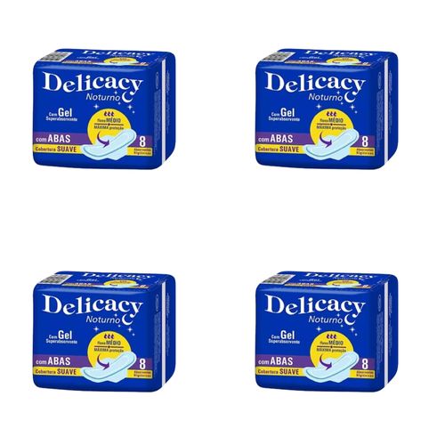 Kit c/4 Absorventes Delicacy Noturno C/Abas Cobertura Suave C/8 Unidades cada Kit c/4 Absorventes Delicacy Noturno C/Abas Cobertura Suave C/8 Unidades cada