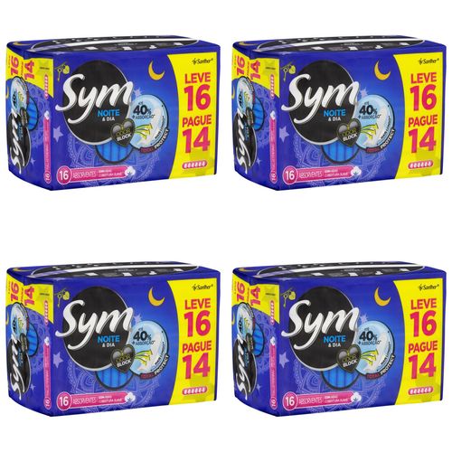 Kit c/4 Absorventes Sym Total Protect Noite e Dia Cobertura Suave Com Abas 16 Unidades cada Kit c/4 Absorventes Sym Total Protect Noite e Dia Cobertura Suave Com Abas 16 Unidades cada
