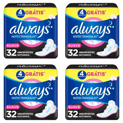 Kit c/4 Absorventes Cobertura Suave Noturno Com Abas Always Simples 32 Unidades cada Kit c/4 Absorventes Cobertura Suave Noturno Com Abas Always Simples 32 Unidades cada