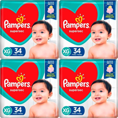Kit 4 Fraldas Pampers Super Sec Xg Com 34 Unidades cada Kit 4 Fraldas Pampers Super Sec Xg Com 34 Unidades cada