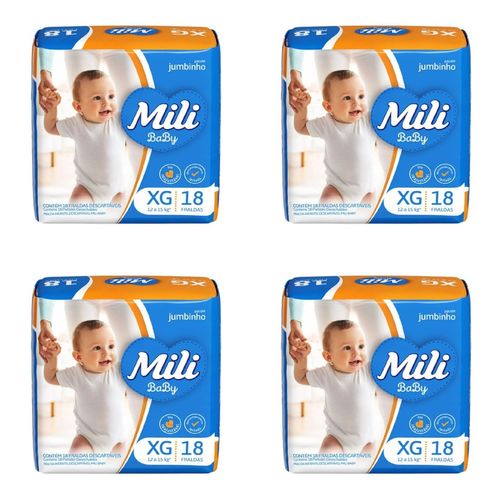 Kit 4 Fraldas Mili Baby Jumbinho (Xg) 18 Unidades cada Kit 4 Fraldas Mili Baby Jumbinho (Xg) 18 Unidades cada