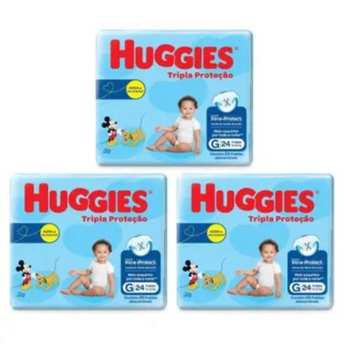 Kit 3 Fraldas Huggies Tripla Proteção Jumbo (G) 24 Unidades cada