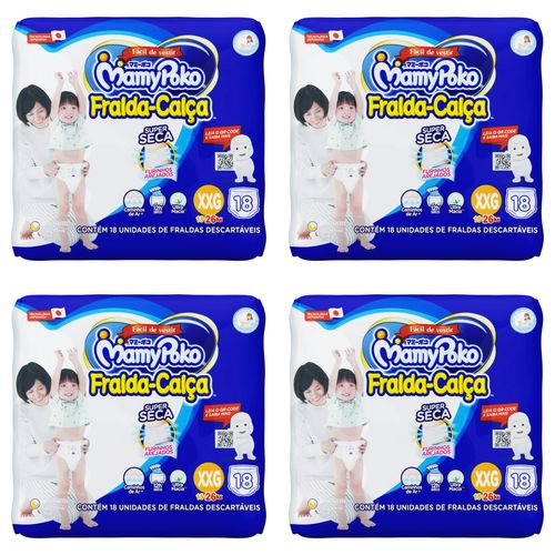 Kit 4 Fraldas Infantil Super Seca Calça MamyPoko XXG Pacote 18 Unidades cada Kit 4 Fraldas Infantil Super Seca Calça MamyPoko XXG Pacote 18 Unidades cada
