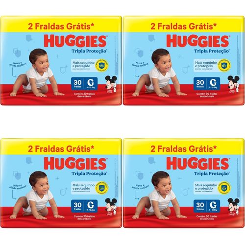 Kit 4 Fraldas Huggies Tripla Proteção Meguinha (G) 30 Unidades cada Kit 4 Fraldas Huggies Tripla Proteção Meguinha (G) 30 Unidades cada