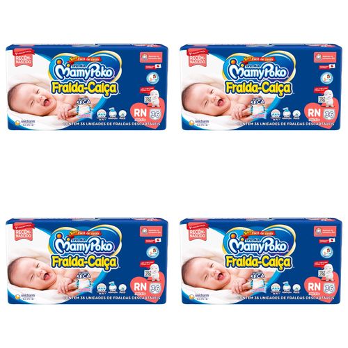 Kit 4 Fraldas Calça Mamypoko Recém Nascido Super Seca Jumbo Com 36 Unidades cada Kit 4 Fraldas Calça Mamypoko Recém Nascido Super Seca Jumbo Com 36 Unidades cada