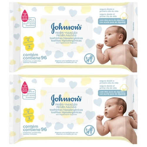 Kit c/2 Unidades de Lenços Umedecidos Johnsons Baby Recém Nascido 96 Unidades