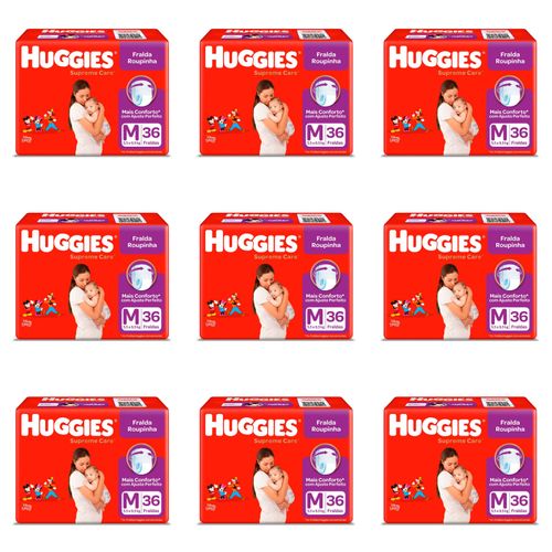 Kit 9 Fraldas Huggies Roupinha Supreme Care M c/36 Unidades cada Kit 9 Fraldas Huggies Roupinha Supreme Care M c/36 Unidades cada