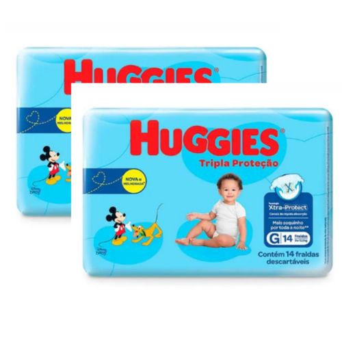 Kit 2 Fraldas Huggies Tripla Proteção Jumbinho (G) 14 Unidades cada Kit 2 Fraldas Huggies Tripla Proteção Jumbinho (G) 14 Unidades cada